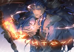Rule 34 | 1boy, blue hair, bracelet, capelet, casting spell, cu chulainn (fate), cu chulainn (caster) (fate), earrings, fate/grand order, fate (series), fire, floating hair, fur-trimmed hood, fur trim, gochary1212, highres, holding, holding staff, hood, hood down, hooded capelet, jewelry, cu chulainn (fate/stay night), long hair, male focus, red eyes, runes, slit pupils, solo, spiked hair, staff, type-moon, vambraces, wooden staff