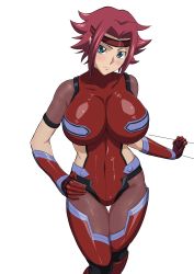 Rule 34 | 1girl, absurdres, adapted costume, blue eyes, breasts, code geass, female focus, headband, highres, iwao178, kouzuki kallen, large breasts, looking at viewer, red hair, short hair, solo, standing, tagme, taimanin (series), taimanin suit, thighs, white background
