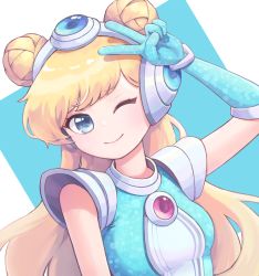 Rule 34 | 1girl, arm up, blue gloves, breasts, double bun, gem, gloves, green background, hair bun, highres, league of legends, long hair, looking at viewer, lux (league of legends), nini00, official alternate costume, one eye closed, small breasts, smile, solo, space groove lux, v