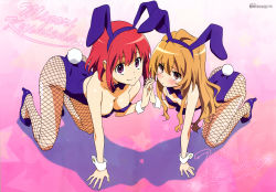 Rule 34 | 2girls, absurdres, aisaka taiga, all fours, animal ears, ass, blush, bow, bowtie, breasts, brown hair, rabbit ears, cleavage, fake animal ears, fishnets, from above, holding hands, high heels, highres, interlocked fingers, itou youko, kushieda minori, long hair, looking at viewer, medium breasts, megami magazine, multiple girls, official art, pantyhose, playboy bunny, purple eyes, red eyes, red hair, short hair, small breasts, smile, toradora!