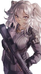 Rule 34 | 1girl, absurdres, adapted costume, ahoge, alternate costume, animal ears, aragiken, assault rifle, belt pouch, breasts, cleavage, grey eyes, grey hair, gun, hair between eyes, highres, hololive, large breasts, lion ears, lion girl, lion tail, long hair, looking at viewer, police, police uniform, pouch, rifle, see-through, see-through cleavage, shishiro botan, shishiro botan (1st costume), sketch, smile, solo, swat, tail, uniform, vertical-striped sports bra, virtual youtuber, weapon