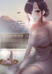 Rule 34 | 1girl, artist name, ashiona comic, bird, black eyes, black hair, bottle, breasts, choko (cup), cleavage, closed mouth, commentary request, cup, english text, grey sky, half-closed eyes, happy new year, highres, large breasts, looking at viewer, mount fuji, naked towel, new year, onsen, original, outdoors, plate, rock, sake bottle, short hair, sitting, sky, smile, solo, steam, sunrise, swept bangs, towel, translated, wet, yumeno kuuko