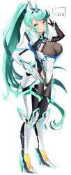 Rule 34 | 1girl, artist name, blush, bodysuit, breasts, chest jewel, cleavage, cleavage cutout, clothing cutout, commission, earrings, full body, gloves, green eyes, green hair, hand on own hip, high heels, highres, icoo, jewelry, large breasts, long hair, pneuma (xenoblade), ponytail, signature, simple background, solo, tiara, v, very long hair, white background, xenoblade chronicles (series), xenoblade chronicles 2