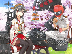 Rule 34 | 1boy, 1girl, :d, admiral (kancolle), bare shoulders, boots, brown eyes, cherry blossoms, commentary request, cup, dazzle paint, detached sleeves, epaulettes, food, grey hair, hair ornament, hairclip, haruna (kancolle), headgear, helmet, highres, holding, holding cup, holding food, holding saucer, kantai collection, long hair, macaron, machinery, military, military uniform, nontraditional miko, open mouth, red skirt, saucer, siozirinootaku21, sitting, skirt, smile, spoon, teacup, thigh boots, thighhighs, uniform