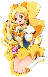 Rule 34 | 10s, 1girl, blonde hair, boots, bow, bowl, brooch, chopsticks, cure honey, earrings, full body, green eyes, hair bow, happinesscharge precure!, heart, heart brooch, highres, jewelry, knee boots, long hair, magical girl, multicolored eyes, oomori yuuko, precure, rice, ryuuta (cure ryuuta), sidelocks, skirt, smile, solo, steam, white footwear, wrist cuffs, yellow eyes, yellow skirt