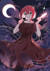 Rule 34 | :d, absurdres, brown eyes, cloud, crescent moon, dress, feet out of frame, flower, glowstick, hair flower, hair ornament, highres, holding, holding glowstick, holding microphone, lilypichu, looking at viewer, medium hair, microphone, moon, musical note, night, offlinetv, open mouth, outdoors, red dress, red hair, short sleeves, signature, smile, star (sky), tsuqie, virtual youtuber