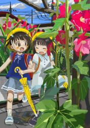 Rule 34 | 2girls, :d, backpack, bag, black hair, closed eyes, cloud, flower, hair ornament, hat, highres, multiple girls, open mouth, original, outdoors, plant, sky, smile, twintails, yellow hat