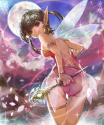 Rule 34 | 1girl, ass, brown eyes, brown hair, cloud, earrings, fairy wings, fufuhol, jewelry, looking back, moon, original, outdoors, parted lips, petals, pink sky, sky, solo, sparkle, standing, wand, wings