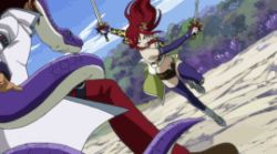 Rule 34 | 1girl, 3boys, animated, animated gif, battle, brown eyes, cobra (fairy tail), cuberios (fairy tail), erza scarlet, fairy tail, hoteye (fairy tail), long hair, lowres, multiple boys, outdoors, racer (fairy tail), red hair, screencap, snake, sword, weapon