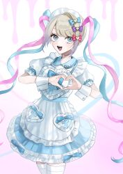 Rule 34 | 1girl, :d, alternate costume, apron, blonde hair, blue bow, blue dress, blue eyes, blue hair, blue ribbon, blush, bow, chouzetsusaikawa tenshi-chan, collared dress, cowboy shot, cross print, dress, hair bow, hair ornament, heart, heart hair ornament, heart hands, highres, lolita fashion, long hair, looking at viewer, maid headdress, multicolored hair, multiple hair bows, needy girl overdose, open mouth, pink background, pink bow, pink hair, puffy short sleeves, puffy sleeves, purple bow, quad tails, ribbon, sanmanako, short sleeves, smile, solo, standing, thighhighs, twintails, very long hair, white apron, white thighhighs, wrist cuffs