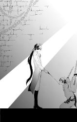 Rule 34 | 2boys, akutagawa ryuunosuke (bungou to alchemist), antenna hair, ascot, belt, boots, brick wall, brooch, bungou to alchemist, chain, chained, coat, crack, cracked wall, dress shirt, dual persona, faceless, faceless male, fingerless gloves, from side, full body, gloves, greyscale, hair between eyes, highres, holding riding crop, japanese clothes, jewelry, kimono, light rays, long hair, looking at another, low ponytail, male focus, miyuyoko, monochrome, multiple boys, pants, parted lips, prison, profile, seiza, shirt, sitting, standing, sweatdrop, vest