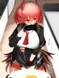 Rule 34 | 1girl, animal ears, arknights, bird ears, bird girl, bird tail, black gloves, black jacket, black skirt, blush, feather hair, fiammetta (arknights), fried egg, gloves, high-waist skirt, highres, holding, holding plate, jacket, looking away, looking to the side, necktie, open clothes, open jacket, pcaccount13, plate, pov, red eyes, red hair, red necktie, short hair, skirt, solo focus, standing, suspicious egg dish, tail