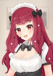 Rule 34 | 1girl, :d, absurdres, alternate costume, black bow, black bowtie, blush, bow, bowtie, breasts, cleavage, commentary, enmaided, fire emblem, fire emblem engage, hair bow, highres, keaworks, large breasts, long hair, looking at viewer, maid, maid headdress, nintendo, open mouth, puffy short sleeves, puffy sleeves, red eyes, red hair, shirt, short sleeves, smile, solo, upper body, white shirt, yunaka (fire emblem)