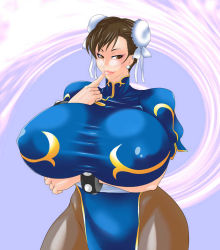 Rule 34 | 1girl, 7961 shiki, blush, breast suppress, breasts, brown eyes, brown hair, capcom, china dress, chinese clothes, chun-li, curvy, double bun, dress, earrings, covered erect nipples, female focus, gigantic breasts, hip focus, huge breasts, jewelry, lips, pantyhose, solo, standing, street fighter, taut clothes, thighs, wrist cuffs