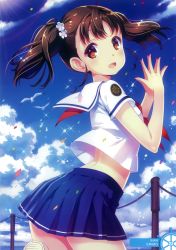 Rule 34 | 10s, 1girl, absurdres, bird, black hair, blue skirt, brown eyes, cloud, day, from side, hair ornament, high school fleet, highres, looking at viewer, nishimura eri, open mouth, outdoors, own hands together, pleated skirt, shiretoko rin, shirt, short hair, skirt, sky, solo, twintails, white shirt