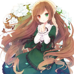 Rule 34 | 1girl, black ribbon, blush, brown hair, dress, drill hair, flower, frilled dress, frilled sleeves, frills, green dress, green eyes, head scarf, heterochromia, layered dress, layered sleeves, long hair, long sleeves, looking at viewer, own hands clasped, own hands together, parted lips, petals, red eyes, revision, ribbon, rozen maiden, simple background, solo, suiseiseki, swept bangs, very long hair, white background, white flower, yonema