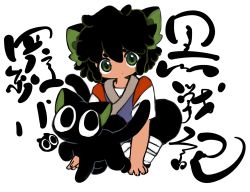 Rule 34 | 1boy, animal ears, black cat, black hair, black pants, cat, cat ears, closed mouth, green eyes, highres, looking at viewer, luo xiaohei, luo xiaohei (cat), luo xiaohei (human), luo xiaohei zhanji, male focus, medium hair, no nose, original, pants, shima (wansyon144), short sleeves, solo, squatting, symbol-shaped pupils, translation request, white background