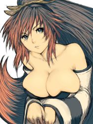 Rule 34 | 1girl, banpresto, bare shoulders, blue eyes, breasts, cleavage, detached sleeves, dress, fumio (rsqkr), huge breasts, large breasts, long hair, multicolored hair, nanbu kaguya, solo, strapless, strapless dress, super robot wars, super robot wars og saga mugen no frontier