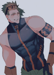 Rule 34 | 1boy, abs, absurdres, achilles (fate), achilles (fearless diver) (fate), armband, bags under eyes, black armband, black shirt, clothes around waist, collarbone, cowboy shot, fate/grand order, fate (series), gauntlets, goggles, goggles on head, green hair, grey background, grin, haruakira, highres, jacket, jacket around waist, large pectorals, looking to the side, male focus, muscular, muscular male, orange eyes, pectorals, shirt, short hair, sidepec, simple background, sleeveless, sleeveless shirt, smile, solo, undercut