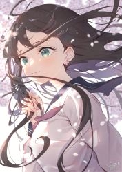 Rule 34 | 1girl, black hair, black sailor collar, blurry, blurry background, breasts, closed mouth, commentary request, copyright request, dated, depth of field, earrings, floating hair, flower, flower earrings, green eyes, hand up, highres, jewelry, long hair, long sleeves, neki (wakiko), puffy long sleeves, puffy sleeves, sailor collar, shirt, signature, small breasts, smile, solo, upper body, very long hair, white flower, white shirt