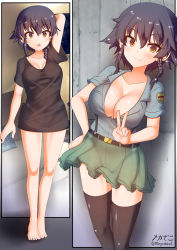 Rule 34 | 1girl, aoshidan school uniform, barefoot, black hair, black shirt, black thighhighs, blush, braid, breasts, cleavage, closed mouth, collarbone, covered navel, full body, girls und panzer, green skirt, hand on own hip, highres, large breasts, looking at viewer, megadeko, miniskirt, multiple views, open mouth, pepperoni (girls und panzer), pleated skirt, school uniform, shirt, short hair, skirt, smile, standing, thighhighs, v, yellow eyes