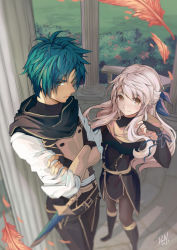 Rule 34 | 1boy, 1girl, adapted costume, belt, black gloves, black pantyhose, boots, bracelet, crossed arms, dakiarts, dress, elbow gloves, feathers, fingerless gloves, fire emblem, fire emblem: radiant dawn, fire emblem: three houses, from above, garreg mach monastery uniform, gloves, green hair, hair ribbon, highres, indoors, jewelry, long hair, long sleeves, micaiah (fire emblem), nintendo, orange eyes, pantyhose, perspective, ribbon, scarf, sheath, side slit, signature, silver hair, sleeveless, sleeveless dress, smile, sothe (fire emblem), sword, weapon, yellow eyes, yellow scarf