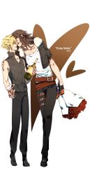 Rule 34 | 2boys, belt, belt buckle, black footwear, black gloves, black jacket, black pants, black vest, blonde hair, bottle, bouquet, bow, brown hair, buckle, chinese commentary, closed eyes, cloud strife, commentary request, couple, cropped jacket, cup, dated, drinking glass, earrings, english text, fermium.ice, final fantasy, final fantasy vii, final fantasy viii, flower, full body, fur-trimmed jacket, fur trim, gloves, happy, heart, high collar, highres, holding, holding bottle, holding bouquet, holding cup, imminent kiss, jacket, jewelry, kingdom hearts, kingdom hearts ii, leaning to the side, long hair, male focus, multiple belts, multiple boys, necklace, open clothes, open jacket, open mouth, pants, pendant, red bow, red flower, red rose, rose, scar, scar on face, shirt, shoes, short hair, short sleeves, single glove, sleeveless, smile, spiked hair, squall leonhart, standing, stud earrings, thigh strap, v-neck, vest, walking, white shirt, wine bottle, wine glass, yaoi