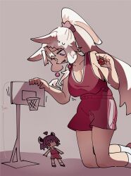 Rule 34 | 2girls, :3, adpx, ahoge, animal ears, ball, basketball (object), basketball hoop, basketball jersey, basketball uniform, blush, breasts, chibi, cleavage, fox ears, fox girl, giant, giantess, grey background, headgear, height, highres, holding, holding ball, kneeling, large breasts, long hair, looking at another, looking down, multiple girls, open mouth, ponytail, purple eyes, red eyes, red shorts, red tank top, sagging breasts, shadow, short hair, short twintails, shorts, siblings, sideboob, simple background, sisters, size difference, socks, sportswear, sweat, tank top, touhoku itako, touhoku kiritan, twintails, voiceroid, white hair, white socks