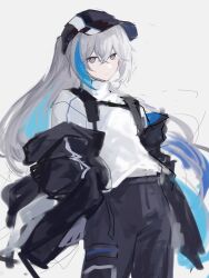 Rule 34 | 1girl, baseball cap, black hat, black jacket, black pants, blue eyes, blue hair, bronya zaychik, closed mouth, commentary, grey background, hat, highres, honkai (series), honkai impact 3rd, jacket, long hair, looking at viewer, multicolored hair, off shoulder, open clothes, open jacket, pants, shirt, simple background, sketch, solo, two-tone hair, very long hair, weeiskaw, white shirt