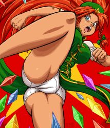 Rule 34 | 1girl, ass, blue eyes, braid, breasts, cameltoe, chinese clothes, cleft of venus, crotch, hong meiling, large breasts, long hair, looking at viewer, martial arts, open mouth, panties, ragathol, red hair, solo, touhou, underwear, white panties