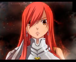 Rule 34 | 1girl, armor, armored dress, dark background, erza scarlet, fairy tail, hair over one eye, kozureokami20, letterboxed, red eyes, red hair, solo