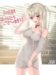Rule 34 | 1girl, :d, absurdres, ahoge, arm up, bad id, bad twitter id, blurry, blurry background, blush, breasts, choker, collarbone, commentary request, copyright request, cowboy shot, dress, ear piercing, harusame (user wawj5773), highres, large breasts, letterboxed, long hair, looking at viewer, off shoulder, open mouth, piercing, red choker, red eyes, see-through silhouette, short sleeves, signature, silver hair, single bare shoulder, smile, solo, standing, translation request, two side up, very long hair, white dress