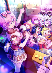 Rule 34 | 1girl, arcade, astolfo (fate), bb (fate), bow, character request, chinese commentary, coin, commentary request, crane game, cu chulainn (fate), detached sleeves, earrings, fate/grand order, fate (series), fou (fate), fujimaru ritsuka (female), gilgamesh (fate), glasses, hair bow, hmniao, holding, holding coin, jewelry, kneehighs, looking at viewer, mash kyrielight, medusa (fate), mordred (fate), open mouth, pink hair, pov, pov hands, print skirt, purple eyes, short hair, skirt, socks, solo focus, stuffed animal, stuffed toy, tamamo (fate), teddy bear