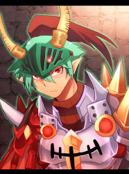 Rule 34 | 1boy, armor, breastplate, brick wall, closed mouth, commentary request, emon-yu, green hair, hair between eyes, horns, letterboxed, looking at viewer, male focus, pauldrons, plume, pointy ears, ragnarok online, red eyes, rune knight (ragnarok online), short hair, shoulder armor, solo, spiked pauldrons, upper body, visor (armor)