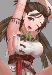 Rule 34 | 1girl, armpits, arms up, bare shoulders, body markings, breasts, brown eyes, brown hair, dolce (dolsuke), dress, facial mark, fate/grand order, fate (series), forehead, forehead mark, head tilt, highres, himiko (fate), himiko (first ascension) (fate), jewelry, large breasts, long hair, looking at viewer, magatama, magatama necklace, necklace, one eye closed, sash, sideboob, squatting, tearing up, thighs, topknot, twintails, white dress, yawning