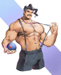 Rule 34 | 1boy, abs, arm hair, armpit hair, armpits, bara, black hair, brown eyes, chest hair, creatures (company), dotted background, facial hair, feet out of frame, game freak, great ball, hairy, highres, holding, holding poke ball, large pectorals, long sideburns, looking at viewer, male focus, manly, mature male, muscular, muscular male, mustache, navel, navel hair, nintendo, nipples, no shirt, pants, pectorals, poke ball, pokemon, pokemon sv, saguaro (pokemon), short hair, sideburns, simple background, solo, tengo (maotengo), thick arms, thick eyebrows