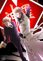 2boys, age difference, artist name, bangs, belt, black gloves, black neckwear, black shirt, blonde hair, blue eyes, collar, company name, facial hair, father and son, final fantasy, final fantasy vii, final fantasy vii remake, fingerless gloves, floating clothes, formal, gloves, golden gun, gun, highres, japanese text, logo, looking to the side, male focus, multiple boys, mustache, necktie, pose, president shinra, rufus shinra, shirt, short hair, shotgun, signature, square enix, standing, striped suit, suit, vest, weapon, white suit, wing collar