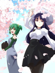 Rule 34 | 2girls, :d, absurdres, arm up, assault lily, bag, bare shoulders, black legwear, black skirt, blouse, blue sky, breasts, cherry blossoms, closed mouth, clothing cutout, collared shirt, commentary request, commission, day, dress, falling petals, fang, flower, green eyes, green hair, green shirt, grey dress, hair between eyes, hair ribbon, hanami, hand on headwear, hat, high-waist skirt, highres, holding, holding bag, juliet sleeves, long dress, long hair, long sleeves, looking away, medium breasts, miniskirt, multiple girls, open mouth, outdoors, pantyhose, petals, pink flower, pixiv commission, puffy sleeves, purple eyes, purple hair, ribbon, shirai yuyu, shirt, short hair, shoulder cutout, skirt, sky, smile, strapless, strapless dress, sun hat, teeth, thermos, two side up, upper teeth only, urutsu sahari, white headwear, white shirt, yellow ribbon, yoshimura thi mai