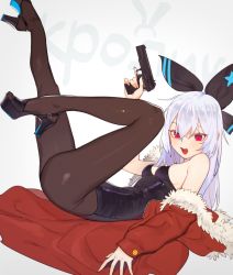 Rule 34 | 1girl, alternate costume, bare shoulders, beijuu, black pantyhose, bow, breasts, commentary request, dutch angle, fishnet pantyhose, fishnets, fur trim, girls&#039; frontline, grey background, gun, hair between eyes, hair bow, handgun, high heels, jacket, legs up, leotard, long hair, lying, open mouth, pantyhose, red eyes, silver hair, simple background, small breasts, solo, tokarev (girls&#039; frontline), trigger discipline, weapon