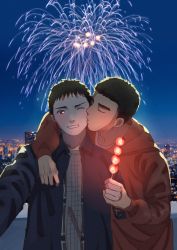 Rule 34 | 2boys, absurdres, aerial fireworks, arm over shoulder, backlighting, behind another, brown hoodie, cheek-to-cheek, city, couple, dango, closed eyes, fireworks, food, grin, hand grab, hand up, heads together, highres, holding, holding food, hood, hoodie, jacket, kiss, kissing cheek, looking at viewer, maize-sausage, male focus, multiple boys, night, night sky, one eye closed, open clothes, open jacket, original, outdoors, outstretched arm, photo background, reaching, selfie, short hair, sky, smile, standing, upper body, wagashi, yaoi
