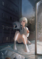 Rule 34 | 1girl, black skirt, blue ribbon, book, bottle, brown eyes, brown hair, building, can, canned coffee, cellphone, chihuri, cloud, cloudy sky, collared shirt, commentary request, drink can, eraser, fog, glass door, hair between eyes, hair ribbon, hand up, head tilt, holding, holding can, holding phone, long hair, long sleeves, looking at viewer, neck ribbon, no shoes, original, outdoors, panties, parted lips, pen, phone, plant, pleated skirt, potted plant, ribbed legwear, ribbon, shirt, sitting, skirt, sky, skyscraper, socks, solo, tile floor, tiles, transparent, underwear, water bottle, white panties, white shirt, white socks