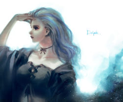 Rule 34 | 1girl, blue hair, breasts, brown eyes, character name, choker, closed mouth, collarbone, cross-laced clothes, delphi diggory, eyelashes, hand on own head, harry potter (series), kurosujuu, light particles, long hair, looking away, medium breasts, multicolored hair, profile, silver hair, solo, streaked hair, upper body, white background, wizarding world