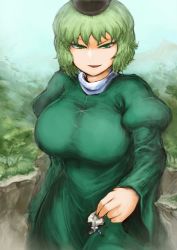 Rule 34 | 2girls, breasts, canyon, cliff, clothes grab, colored eyelashes, dress, forest, giant, giantess, green dress, green eyes, green hair, hat, hip focus, large breasts, long sleeves, looking at another, looking down, mononobe no futo, mountain, multiple girls, nature, open mouth, puffy long sleeves, puffy sleeves, short hair, smirk, soga no tojiko, tate eboshi, thighs, touhou, turtleneck, yuugatou (yuuzutu)