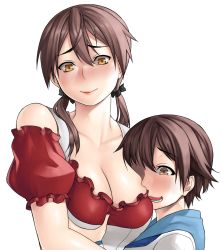 Rule 34 | 2girls, age difference, asashin (kazami-tomo), blush, grabbing another&#039;s breast, breasts, brown hair, dress, embarrassed, female pervert, gertrud barkhorn, grabbing, hair flaps, hair ribbon, large breasts, lipgloss, long hair, looking at breasts, low twintails, miyafuji yoshika, multiple girls, onee-loli, open mouth, pervert, ribbon, sailor collar, sailor shirt, shirt, short hair, simple background, smile, strike witches, teeth, twintails, upper body, white background, world witches series, yellow eyes, yuri