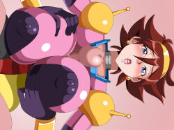 Rule 34 | 1boy, 1girl, blue eyes, bodysuit, breasts, breasts squeezed together, brown hair, censored, covered erect nipples, geafcart, gundam, large breasts, nipples, paizuri, paizuri over clothes, penis