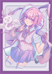 1girl :o alternate_costume alternate_hair_ornament animal_ears bow breasts danganronpa_(series) danganronpa_2:_goodbye_despair ear_bow fake_animal_ears gloves handheld_game_console highres holding holding_handheld_game_console hood hood_up hooded_jacket jacket large_breasts medium_hair miniskirt nanami_chiaki pink_bow pink_eyes pink_hair rabbit_ears shao_yin_yin_yin_y short_sleeves skirt solo usami_(danganronpa) wings