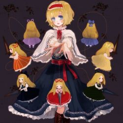 Rule 34 | 1girl, alice margatroid, bad id, bad pixiv id, blonde hair, blue eyes, bow, capelet, doll, dress, female focus, hair bow, hairband, lance, lips, lipstick, makeup, polearm, shanghai doll, short hair, solo, string, touhou, weapon, yujup