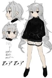 Rule 34 | 1girl, ahoge, animal ears, atkm2, black eyes, black footwear, black sweater, cat ears, closed mouth, dot nose, fang, grey hair, long hair, long sleeves, looking at viewer, multiple views, open mouth, original, shoes, standing, sweat, sweater, translation request, very long hair, white background