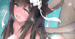 Rule 34 | 1boy, animal ears, azur lane, bandaid, bandaid on head, blue background, blush, breasts, breath, brown hair, collarbone, completely nude, cow ears, cow girl, cow horns, crossed bandaids, dark-skinned male, dark skin, dermar, doggystyle, hair ornament, hair ribbon, hands on another&#039;s shoulders, heavy breathing, hetero, horns, interracial, kashino (azur lane), large breasts, long hair, nose blush, nude, open mouth, purple eyes, ribbon, sex, sex from behind, simple background, solo focus, steam, steaming body, sweat, upper body, white ribbon