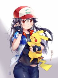 Rule 34 | 1girl, ash ketchum, baseball cap, between breasts, black hair, black shirt, blue pants, blush, blush stickers, breasts, brown eyes, closed mouth, clothes, collarbone, commentary request, creatures (company), drooling, fingerless gloves, game freak, gen 1 pokemon, genderswap, genderswap (mtf), gloves, hat, jacket, long hair, looking at viewer, medium breasts, multicolored clothes, multicolored jacket, nintendo, open clothes, open jacket, pants, pikachu, pokemon, pokemon (anime), pokemon (creature), pokemon the movie: the power of us, red headwear, shirt, short sleeves, simple background, translation request, xue ezi